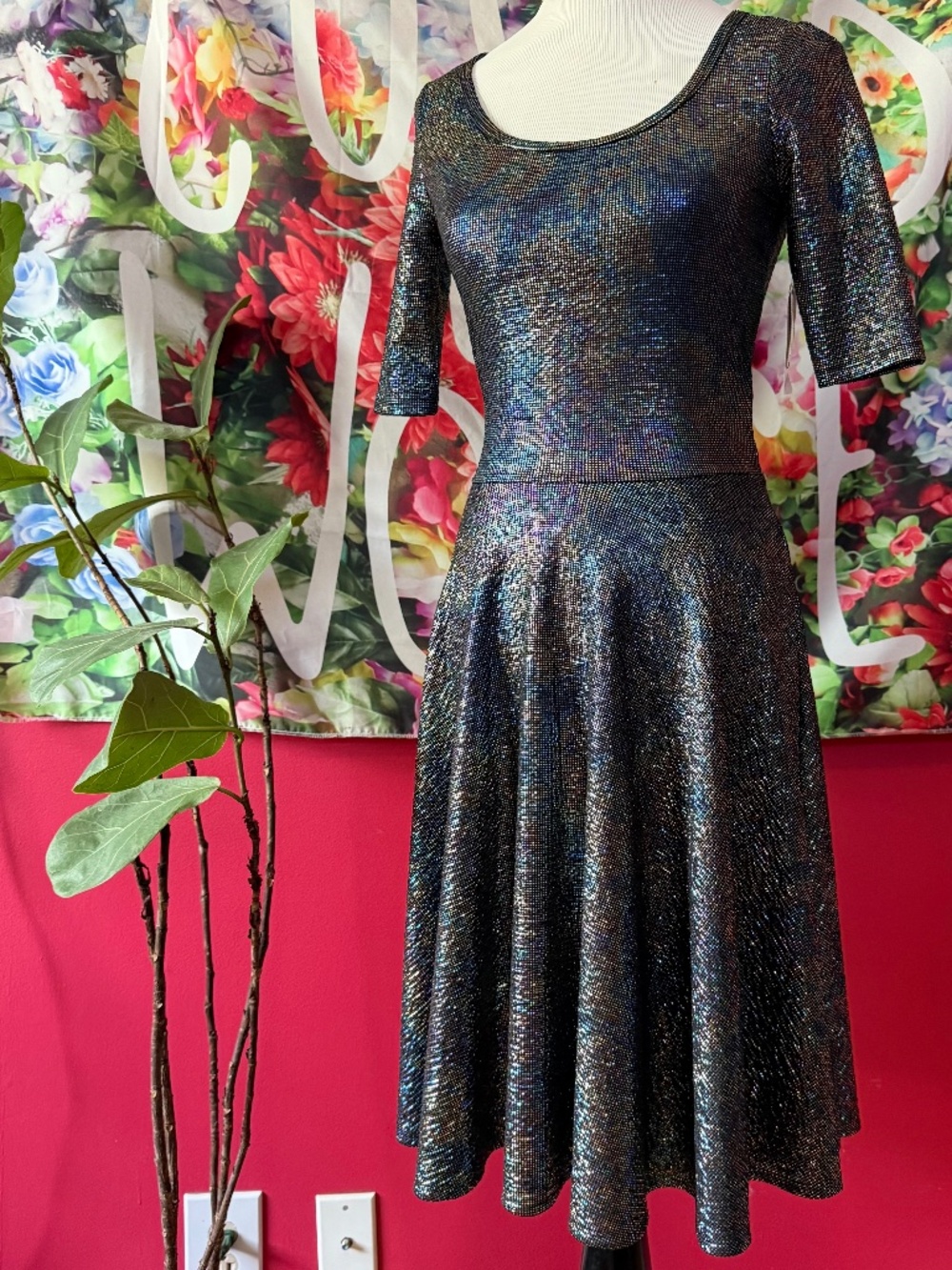 Oil-Slick Disco Ball, Metallic Print Dress